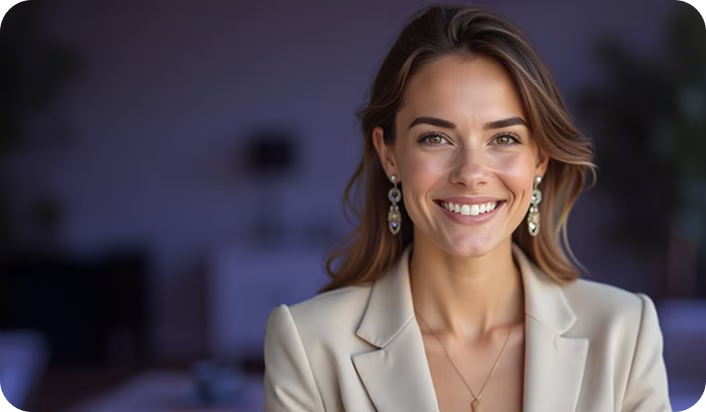 Imagem de mulher elegante sorrindo com blazer claro e joias sofisticadas